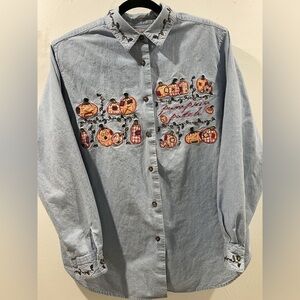 Vintage Karen Scott Womens Pumpkin Patch Embroidered Denim Shirt Sz L Button Up